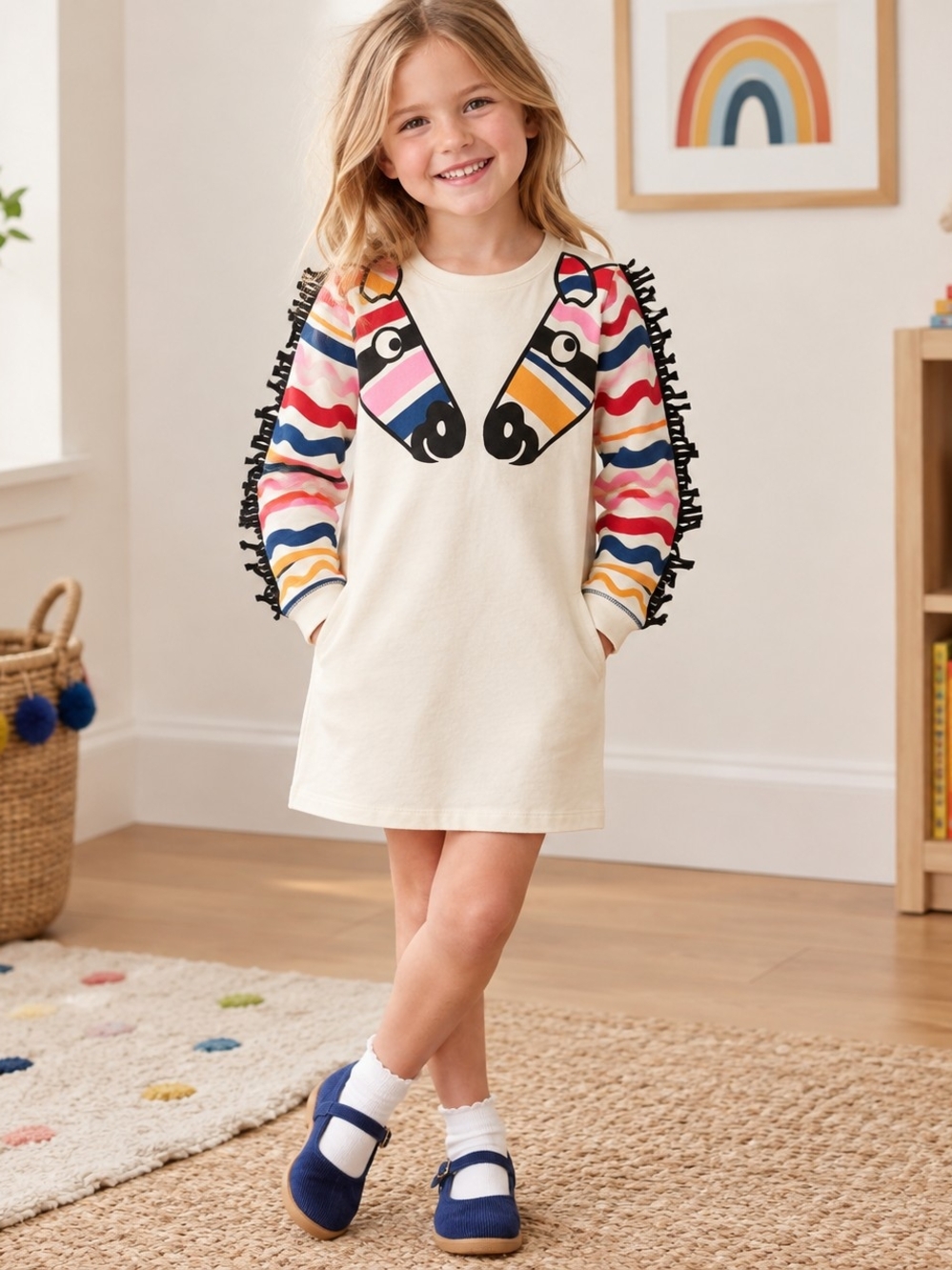 2/60 Stella McCartney Cream Dress with Multicolor Zebra Sleeves